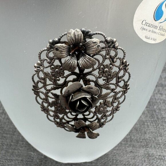 Arte Murano Silvestri Ice Bucket Frosted Glass Metal Rose Pattern Italy Vintage - Picture 9 of 16